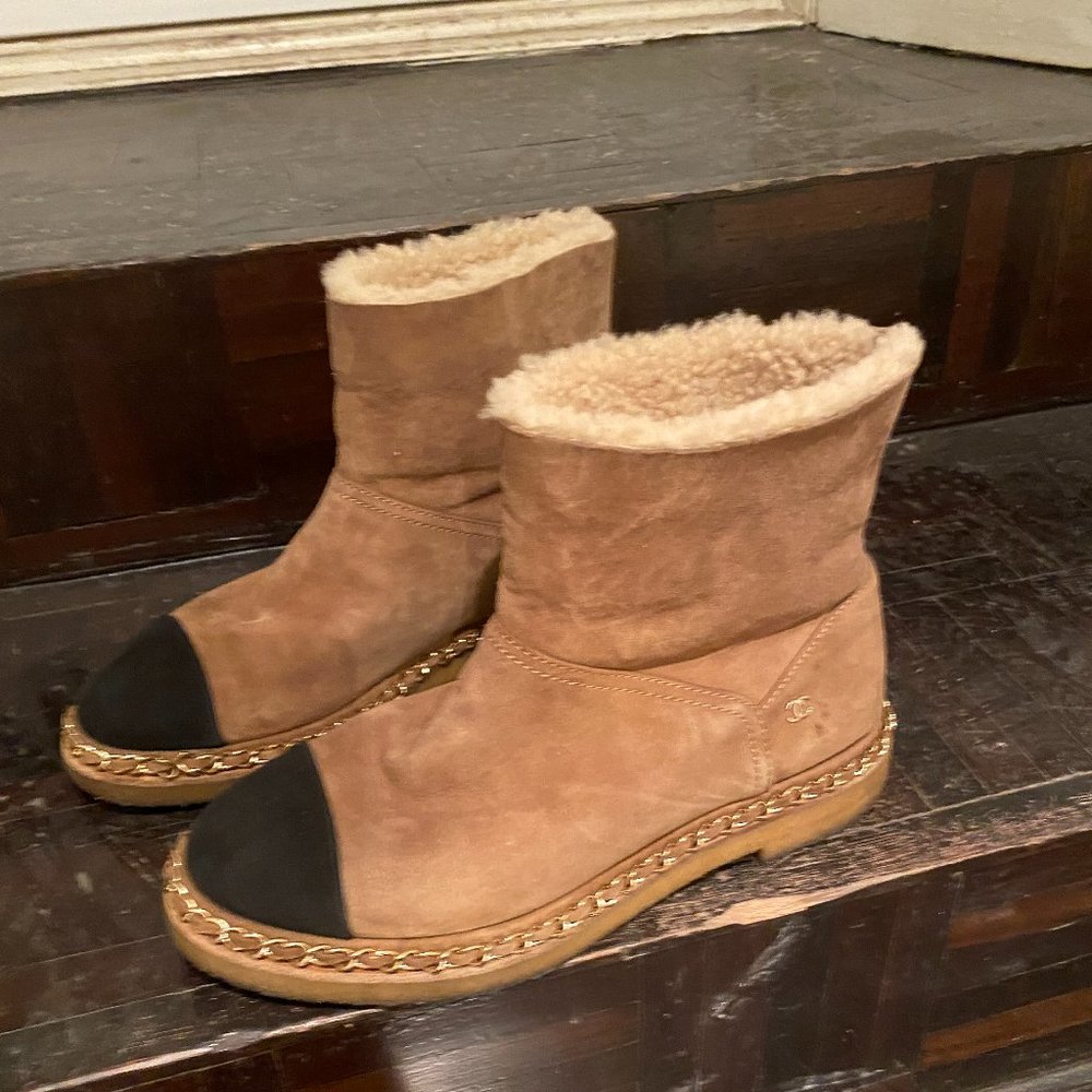 Chanel camel cap toe sheepskin boots